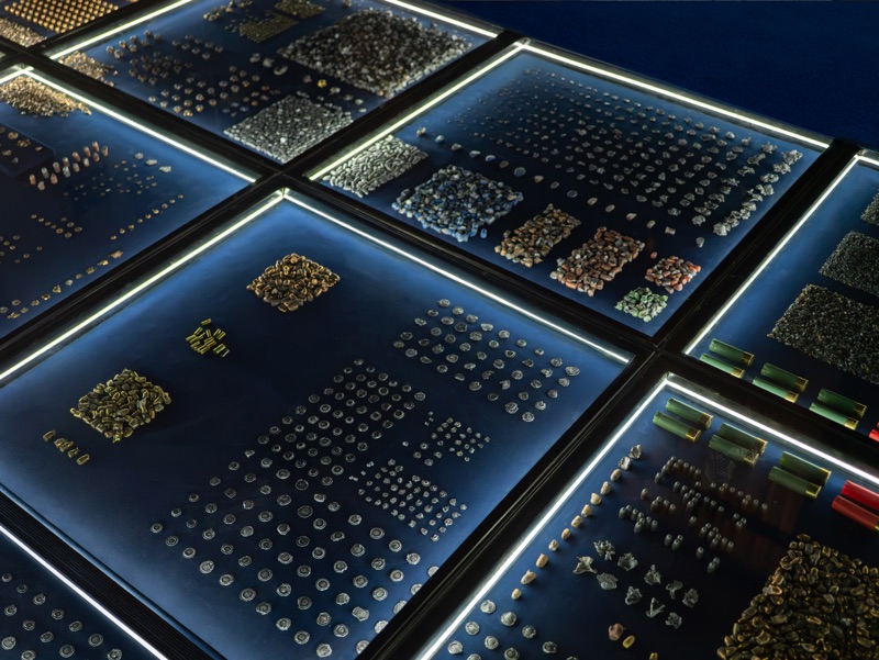An angled view of the modules, outlined with light and filled with different groups of objects.