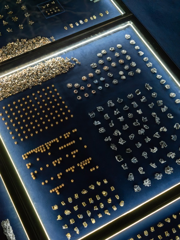 A vertical view of a module with objects in rows, small pale pieces and a cluster of earth-toned fragments.